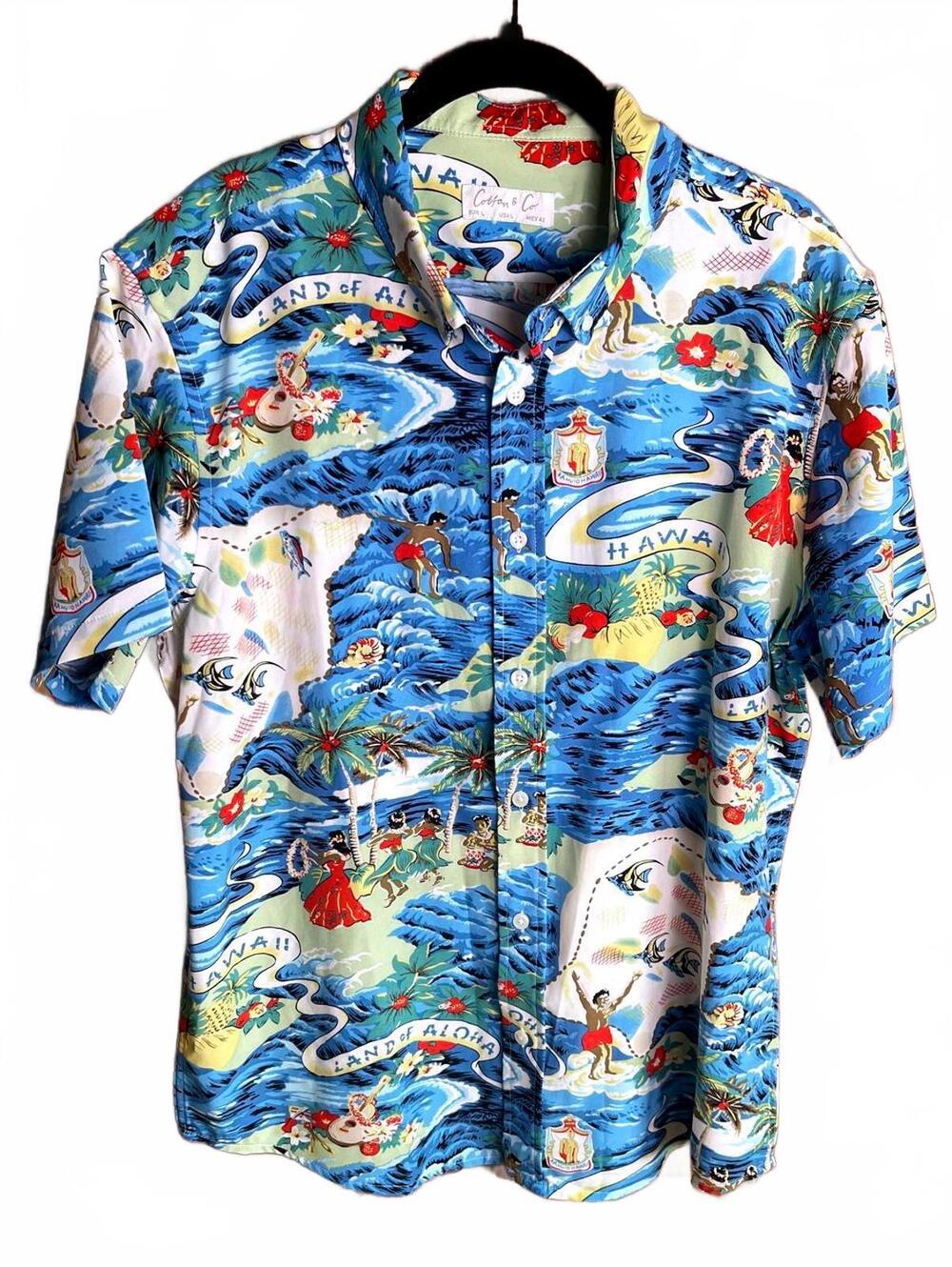 Cotton & Co. Men's Hawaiian Shirt Blue Tropical Print Size EUR L / USA L / MEX